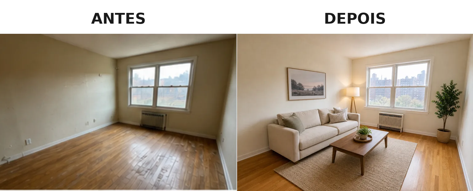 Montagem lado a lado com foto do ambiente antes e depois da reforma, com rótulos Antes e Depois fora da área de comparação
