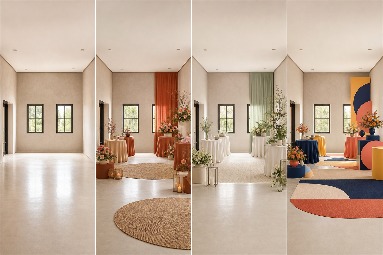 O mesmo salão de festas brasileiro aparece na foto-base e em três propostas conceituais de decoração, mantendo porta, janelas, piso e estrutura para comparação.
