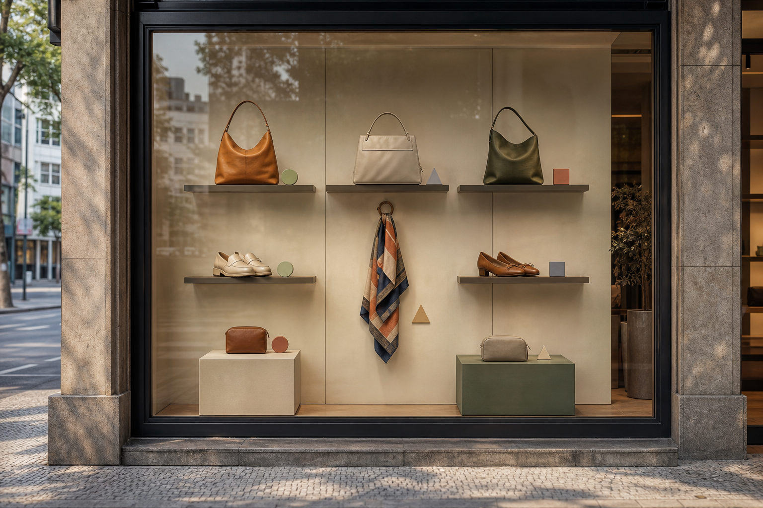 Vitrine conceitual de acessórios vista de frente, com oito produtos genéricos distribuídos em zonas para planejar uma reorganização antes da montagem física.