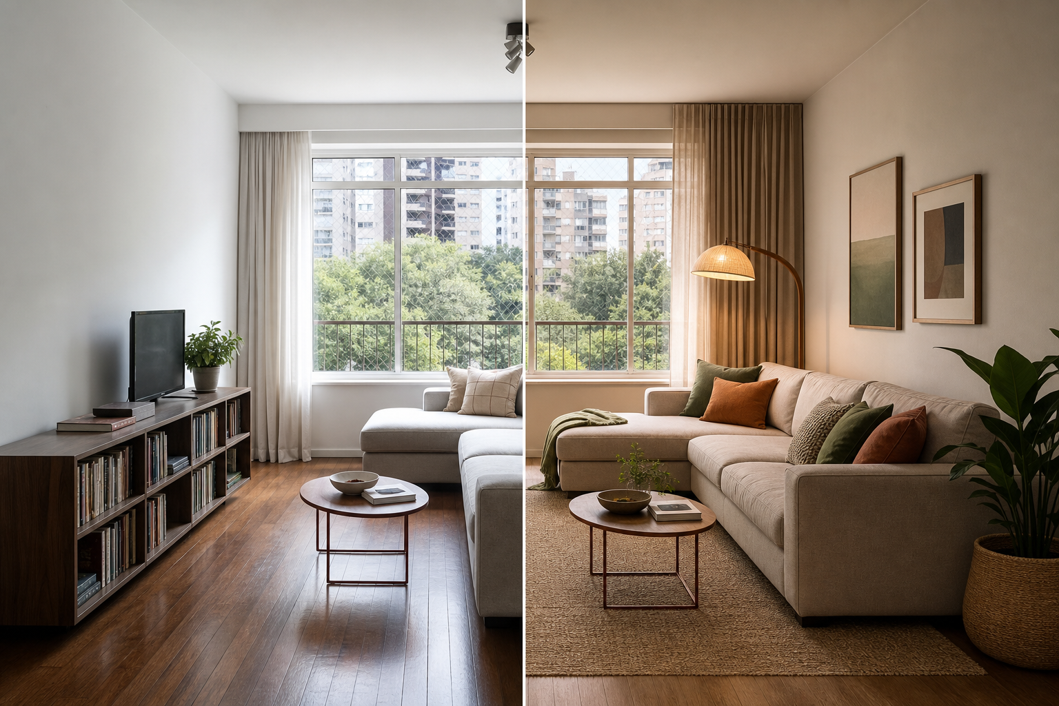 A mesma sala de apartamento comparada entre a foto-base e uma proposta conceitual que preserva sofá, piso, janela e estante, mudando apenas têxteis e luminária.