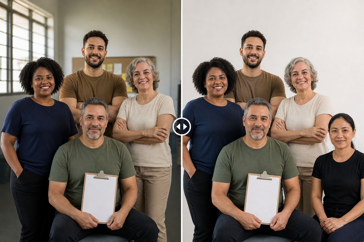 Conceito editorial de uma equipe brasileira genérica em duas versões da mesma foto, comparando luz equilibrada e fundo neutro com pessoas e roupas preservadas.
