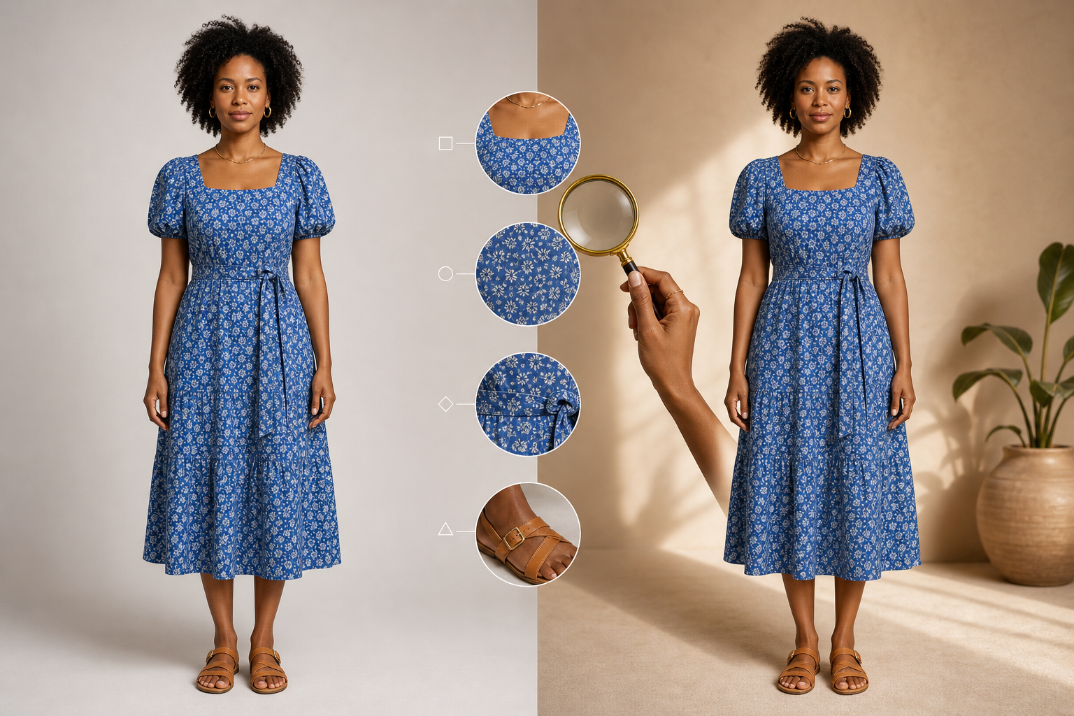 Comparação editorial da mesma modelo com o mesmo vestido azul estampado, com marcadores visuais sobre mão, decote, costura, estampa e fivela para conferir a fidelidade do look.