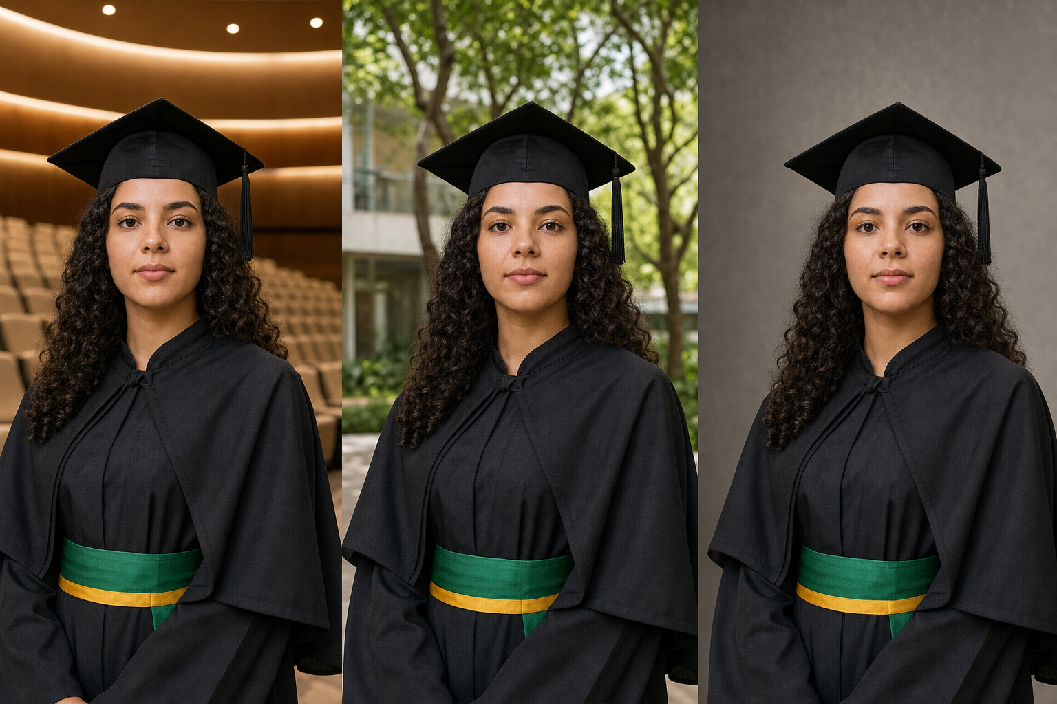 Conceito editorial de um retrato de formatura brasileiro comparado em três cenários sem identificação, preservando rosto, expressão, beca, faixa e capelo.